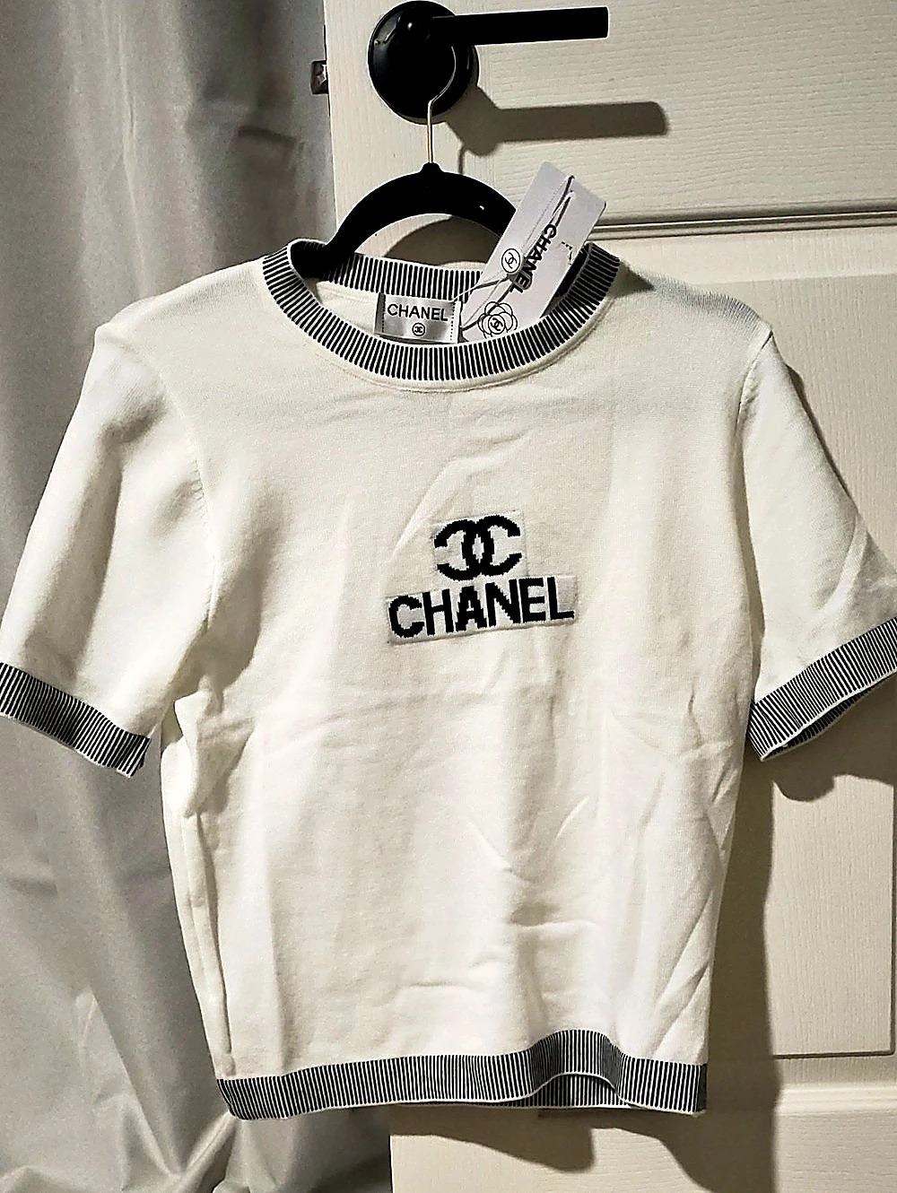 Chanel Striped Trim Short Sleeve Top in White & Black NWT